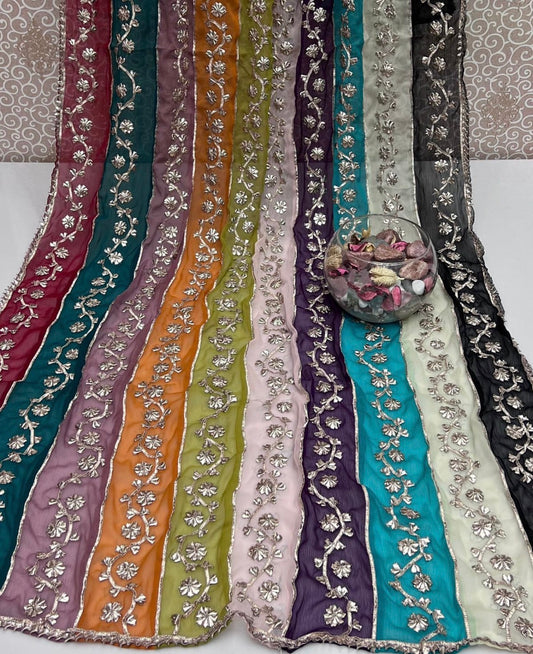 Handmade LCD Gotta work multi-shaded dupatta on chiffon fabric