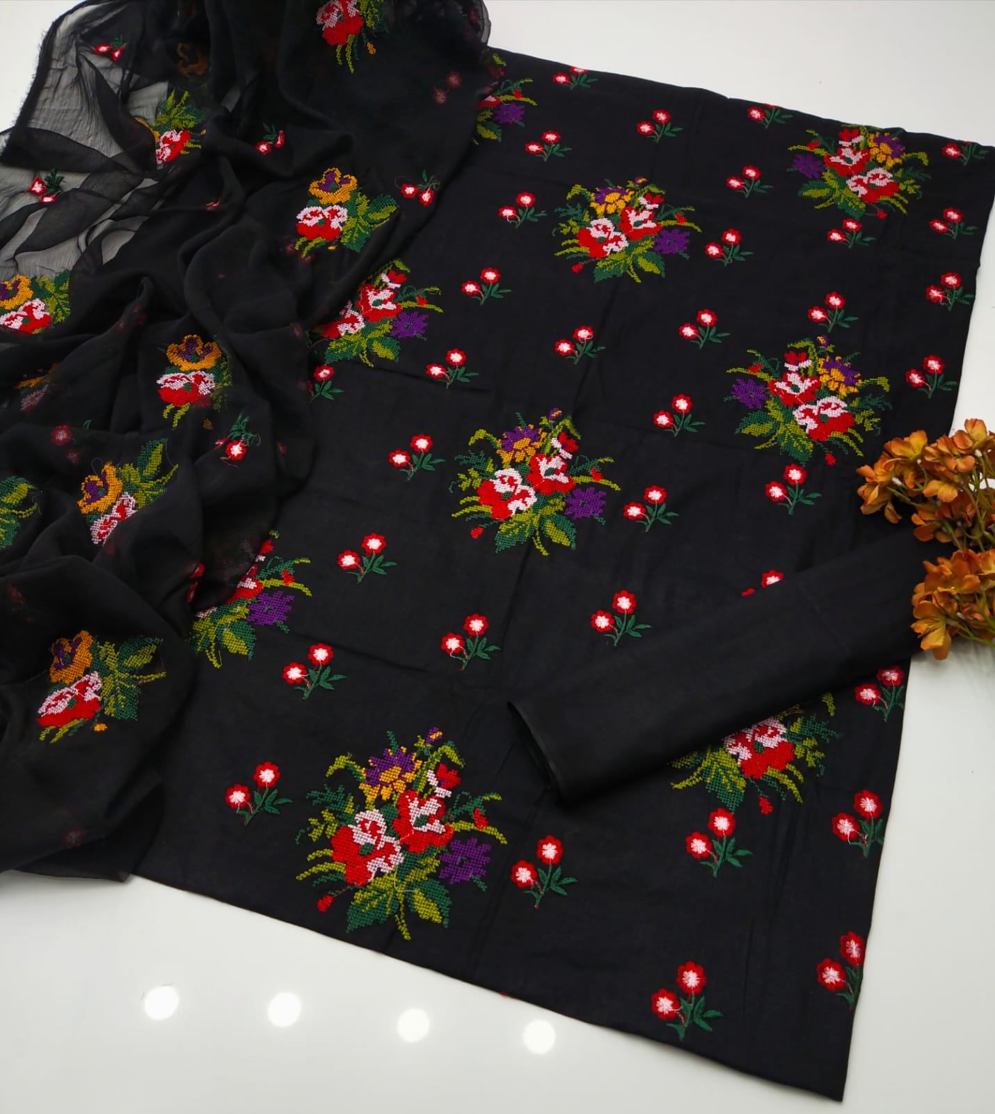 Sequence cross stitch embroidery 3 piece dresss