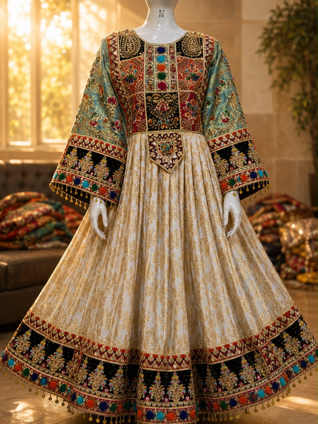 Luxury Pure Indian Jamawar Traditional Frock with Medium Silk Dupatta – 3 Piece | Custom Size Available