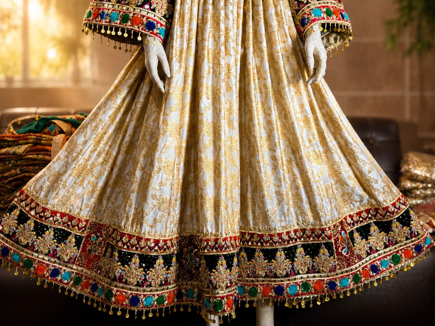 Luxury Pure Indian Jamawar Traditional Frock with Medium Silk Dupatta – 3 Piece | Custom Size Available