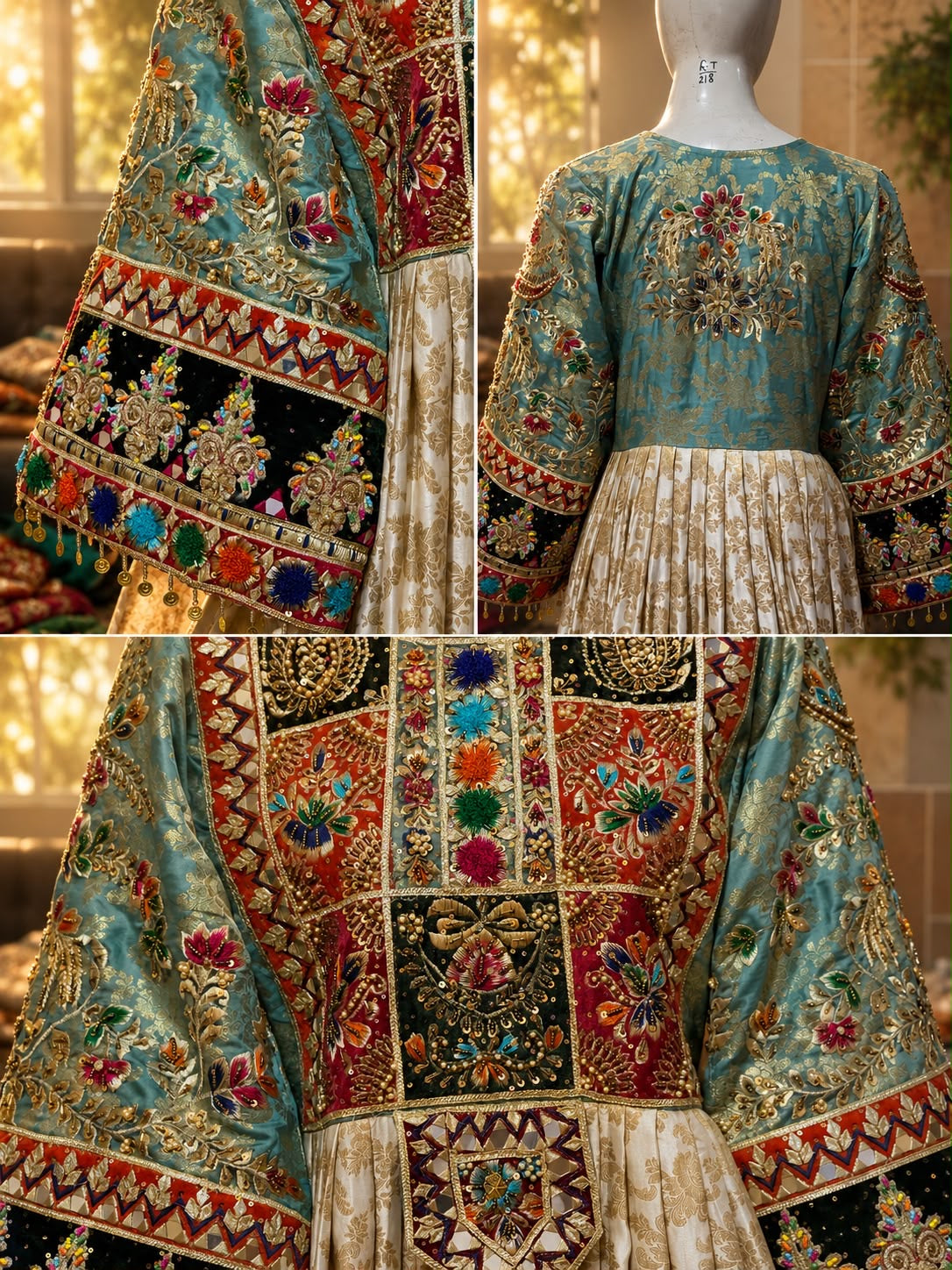 Luxury Pure Indian Jamawar Traditional Frock with Medium Silk Dupatta – 3 Piece | Custom Size Available