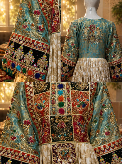 Luxury Pure Indian Jamawar Traditional Frock with Medium Silk Dupatta – 3 Piece | Custom Size Available
