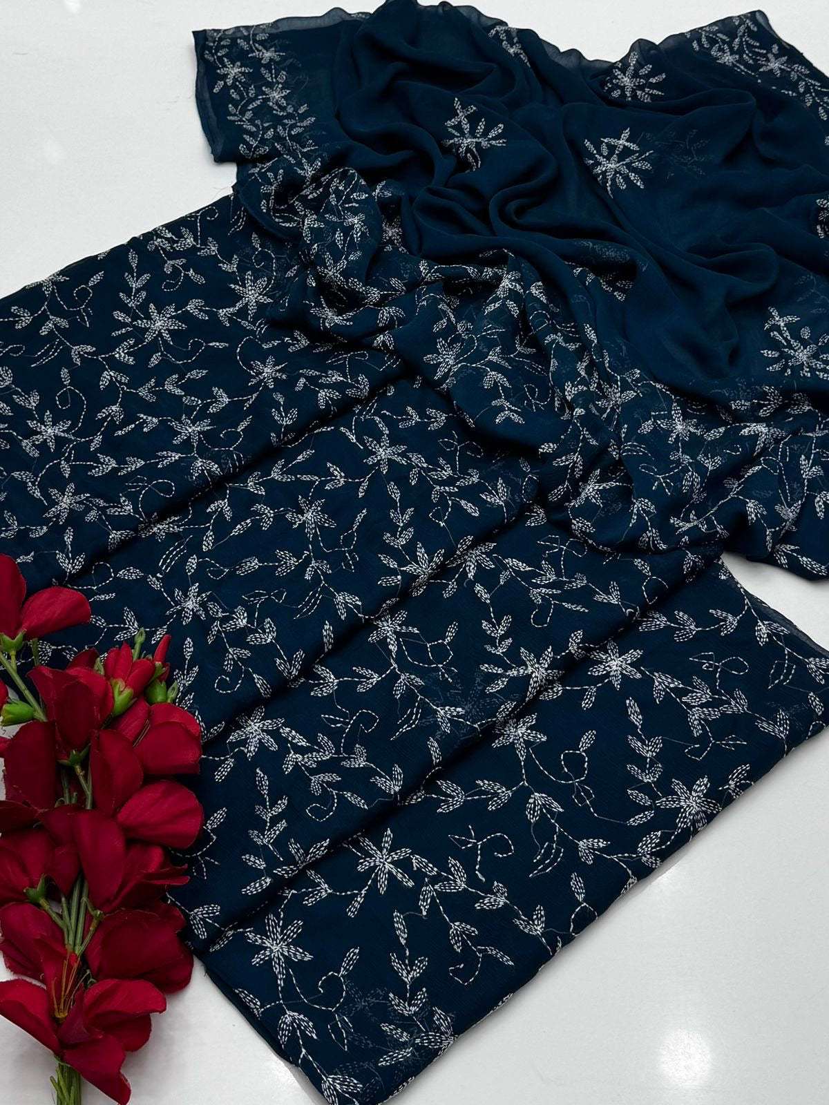 2 Pce  Chiffon Handmade Sippi Jall Work