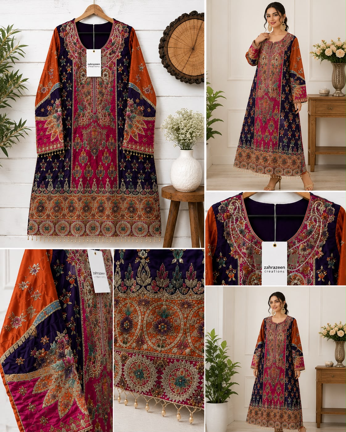 Luxury Sheesha Silk Embroidered Dress with Dabka Work – 3 Piece | Custom Size Available