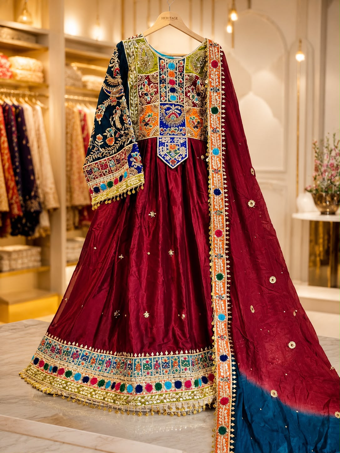 Luxury Traditional Pathani Frock in Diamond Silk with Embroidered Medium Silk Matha Patti Dupatta – 3 Piece | Custom Size Available