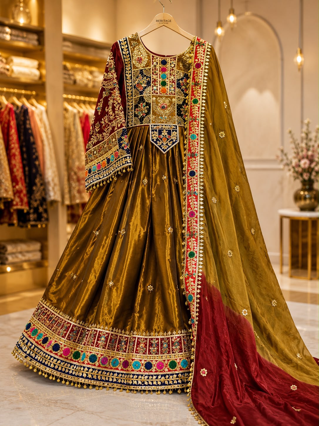 Luxury Traditional Pathani Frock in Diamond Silk with Embroidered Medium Silk Matha Patti Dupatta – 3 Piece | Custom Size Available