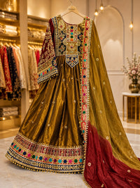 Luxury Traditional Pathani Frock in Diamond Silk with Embroidered Medium Silk Matha Patti Dupatta – 3 Piece | Custom Size Available