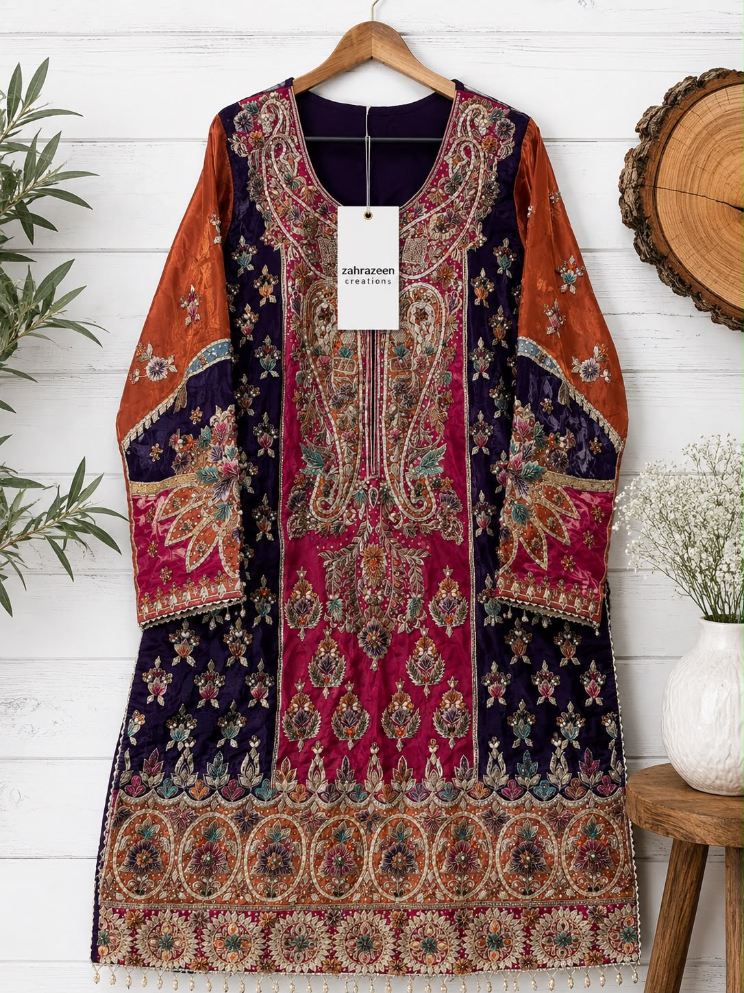 Luxury Sheesha Silk Embroidered Dress with Dabka Work – 3 Piece | Custom Size Available