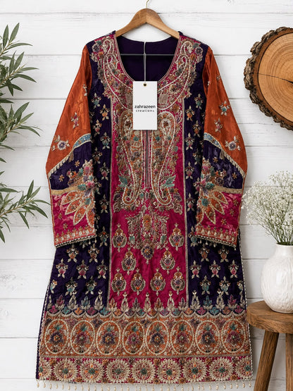 Luxury Sheesha Silk Embroidered Dress with Dabka Work – 3 Piece | Custom Size Available