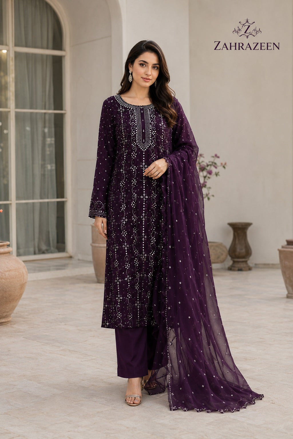 Indian style floral mukesh with 4-side dupatta work
