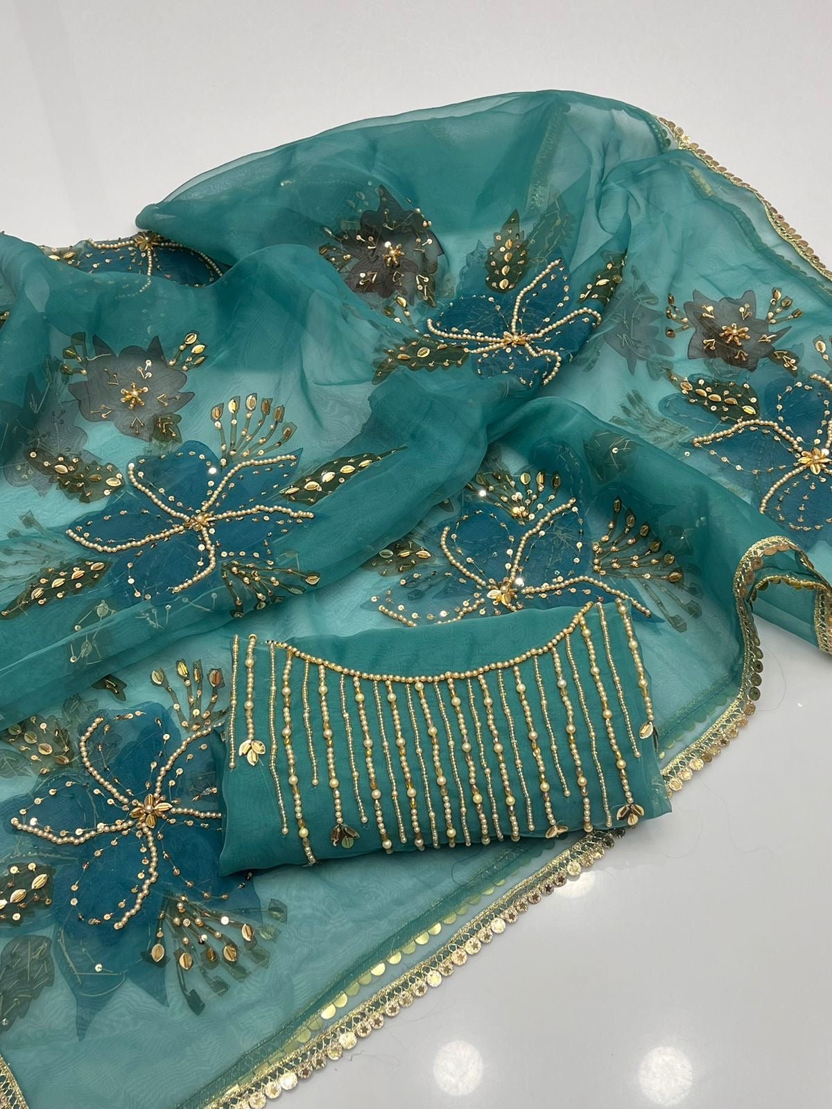 کیٹونک آرگنزا 2 ٹکڑا آئل پینٹ دوپٹہ کے ساتھ