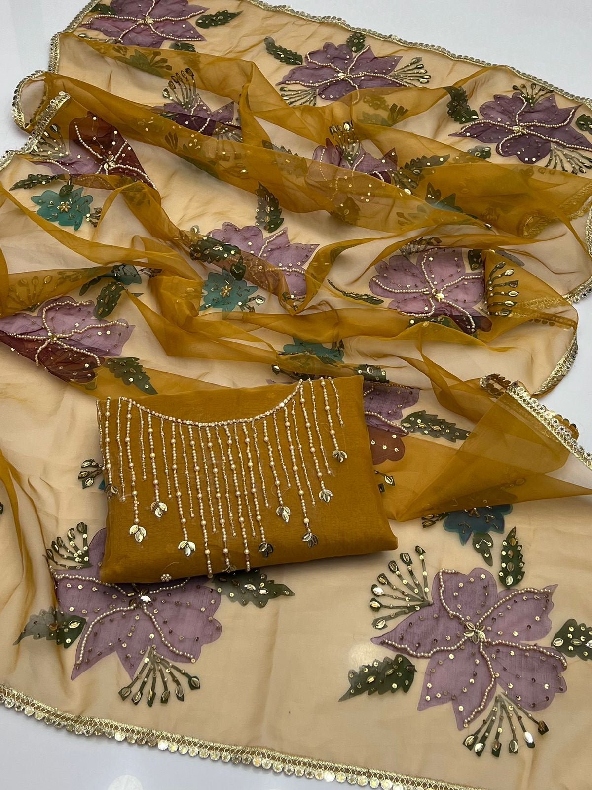 کیٹونک آرگنزا 2 ٹکڑا آئل پینٹ دوپٹہ کے ساتھ