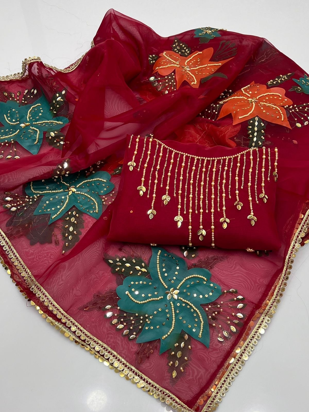 کیٹونک آرگنزا 2 ٹکڑا آئل پینٹ دوپٹہ کے ساتھ