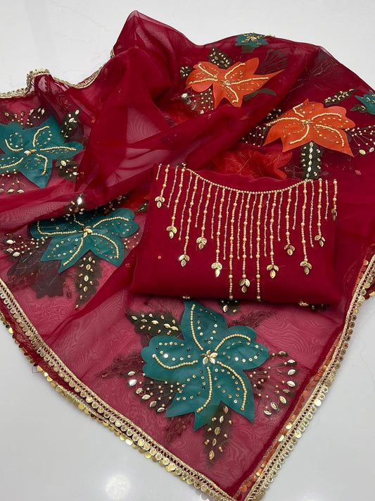 کیٹونک آرگنزا 2 ٹکڑا آئل پینٹ دوپٹہ کے ساتھ