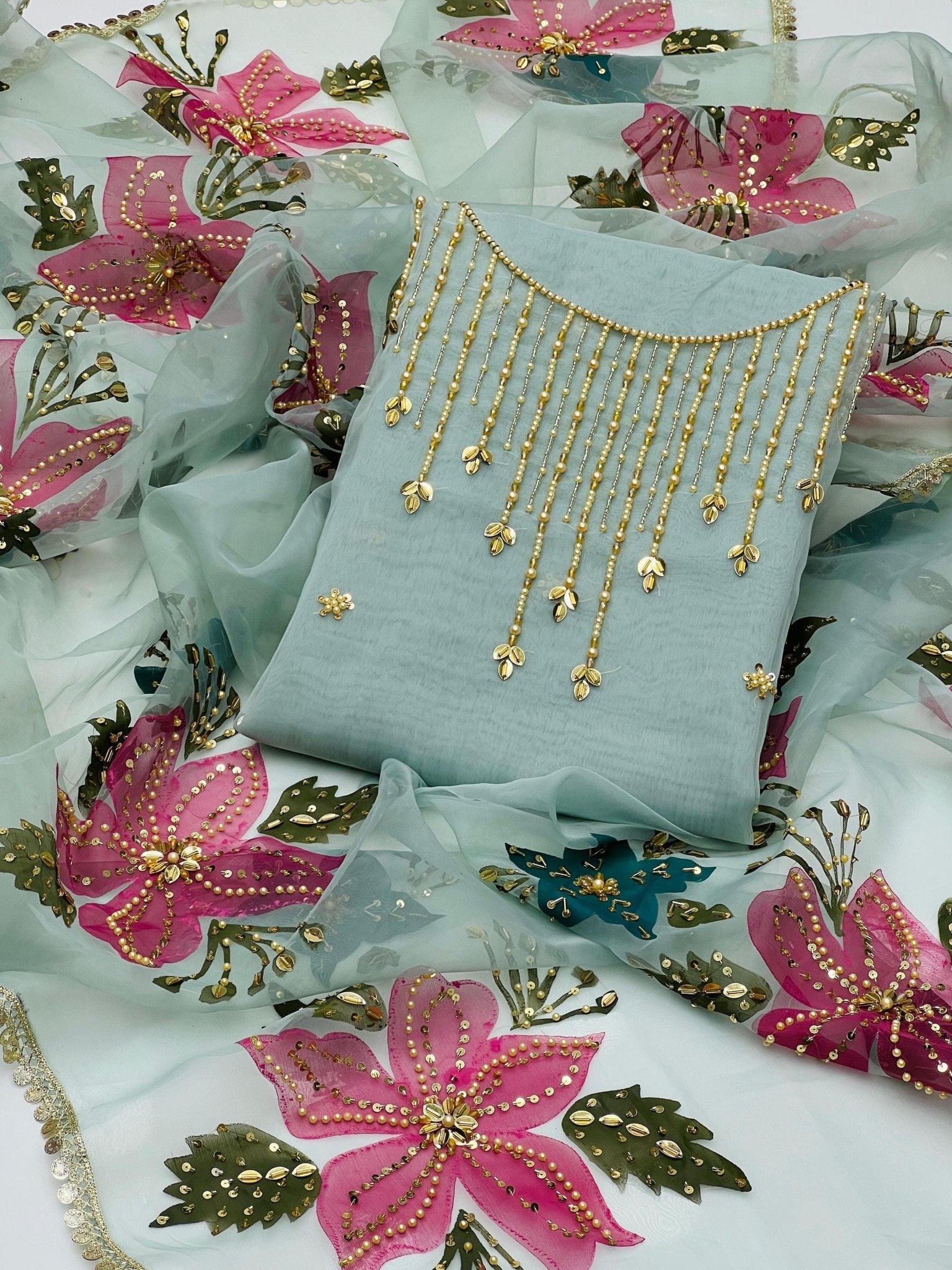 کیٹونک آرگنزا 2 ٹکڑا آئل پینٹ دوپٹہ کے ساتھ